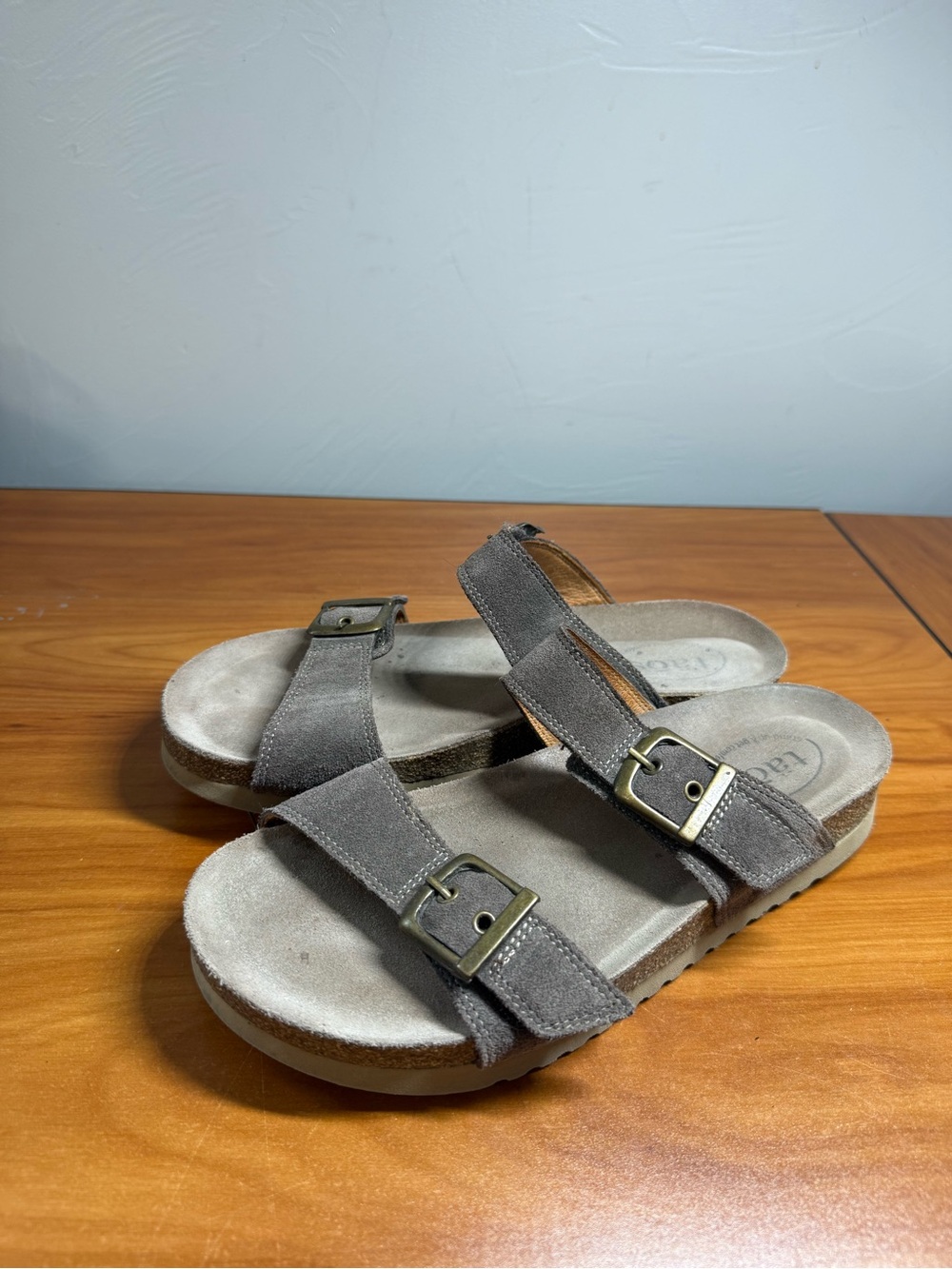 Taos 2 Buckle Slip on Sandal Suede Leather Brown Casual Comfort